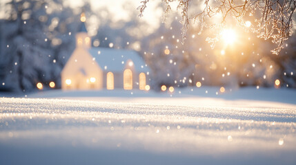 Naklejka premium A serene winter scene with soft snowfall, glistening sunlight, and a cozy church in the background, creating a peaceful atmosphere.