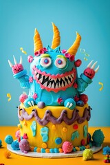 Naklejka premium Colorful background with monster Birthday cake, balloons and copy space. Festive backdrop with empty space for text. Greeting card for children. Playful, vibrant design. Event for kids.