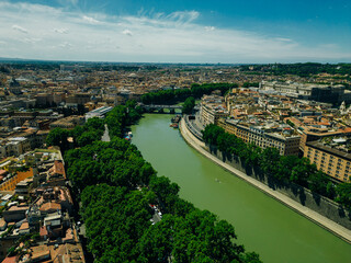 Aerial view of the Tiber river in Rome, Italy.