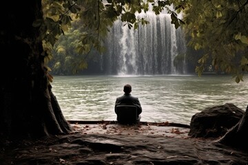 Obraz premium Solo Splash: Capture a solitary moment of someone enjoying a peaceful splash in a secluded area.