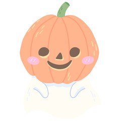 Illustration of Cute Halloween Ghost wearing pumpkin head. perfect for Pattern Design, social media, product or merch design  for halloween