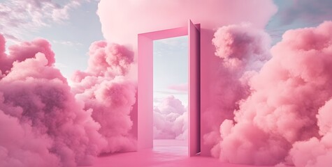A pink cloud room with an open door leading to the sky, creating a dreamy atmosphere. The scene includes clouds of various shades of pastel colors, adding depth and softness to the composition. 