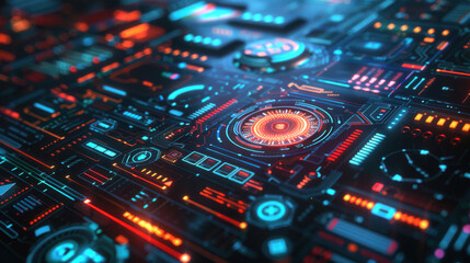 Fototapeta premium Futuristic digital interface with vibrant lights and intricate patterns, showcasing modern technology and innovation.