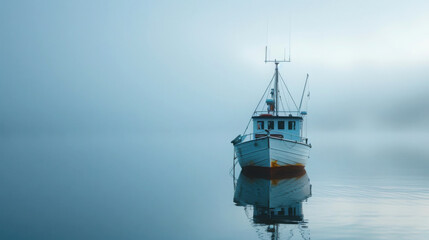Naklejka premium A serene fishing boat anchored in calm waters, surrounded by a mystical fog, creating a tranquil and picturesque atmosphere.