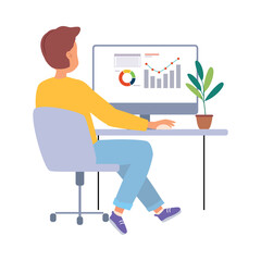 Coworking with Man Character at Workspace at Desk Vector Illustration