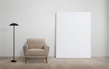 Vertical art canvas mockup in living room with sofa and lamp beside it. Ideal for canvas mockup...