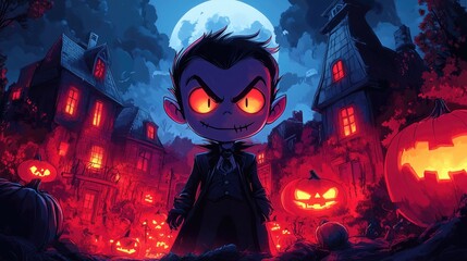 A close up of a cartoon dracula surrounded by pumpkins
