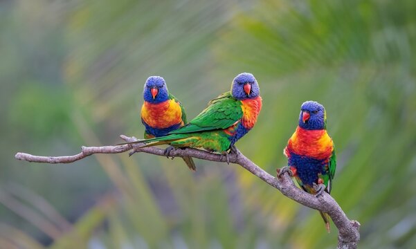 Three multicolored and cheeky Rainbow Lorikeets on a branch with the middle bird turned sideways, all against a blurred background in a suburban garden on the Gold Coast in Queensland, Australia.