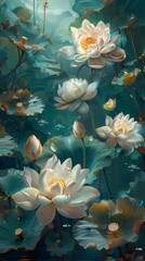 Artistic aquamarine and gold flower abstract graphic poster background