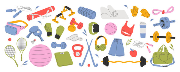 Sport equipment, gym and fitness stuff set. Workout accessories, objects. Soccer and basketball balls, tennis rackets, mat, bag, dumbbell. Flat graphic vector illustration isolated on white background