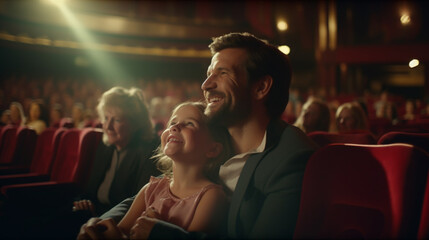Surprised kid watching movie in cinema theater