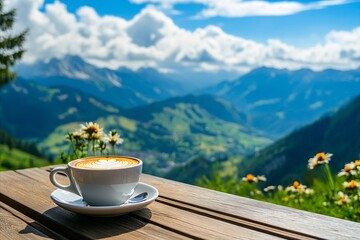A cup of coffee sitting on top of a wooden table