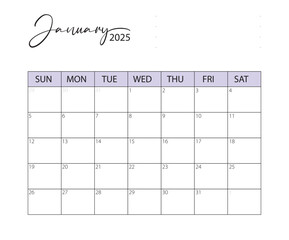 January 2025 Calendar. Vector calendar. Week starts sunday. Calendar template in minimal design