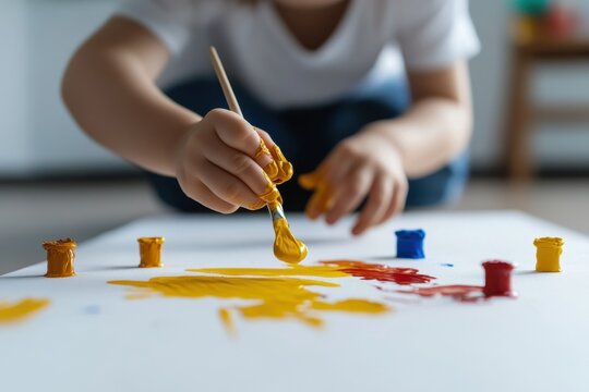 Embracing the Senses: Child Exploring Tactile Art with Finger Paints on Canvas