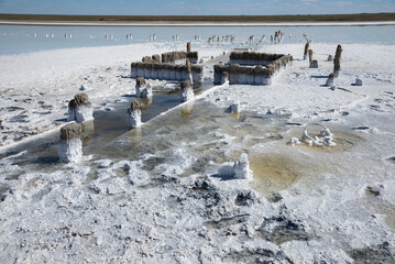 The old dilapidated baths on Lake Elton. Volgograd region, Russia