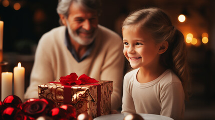 Happy mature grandparent with gift box with present from grandchild