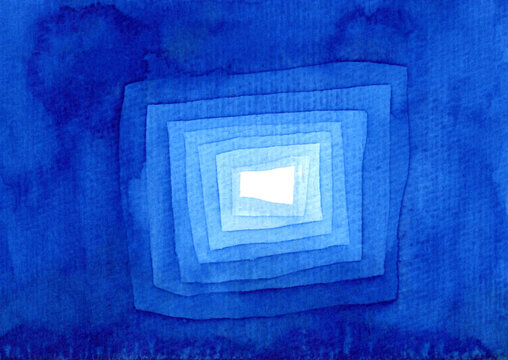 Blue watercolor painting of diminishing rectangular frames