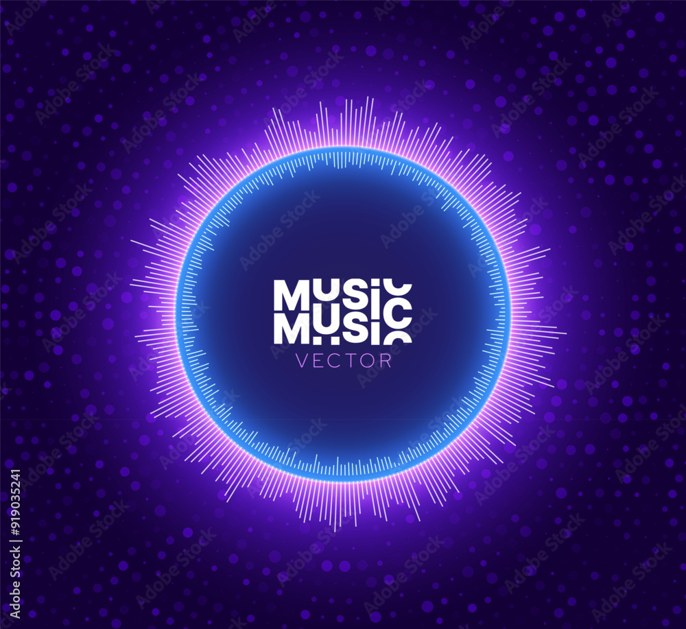 Poster Abstract Sound Wave Circle Round EQ Background. Digital Music BG. Dynamic Music Wavy Lines Flow. Digital Equalizer. Round Sound Data Visualization. Abstract Vector Background.