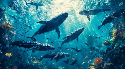 A group of humpback whales swimming in the ocean surrounded by fish