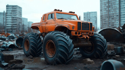 Obraz premium Orange monster truck with large tires parked in an urban area surrounded by debris and tall buildings in the background.