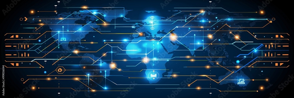 Poster global network connection. digital world map with electronic circuit board, technology background