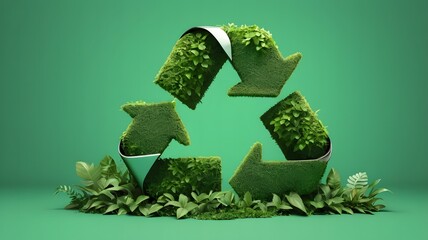 Recycle sign covered with green plants against green background. Generative ai 