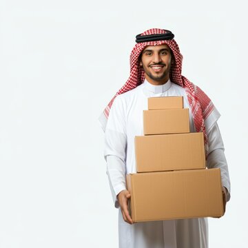 Saudi man holding takeaway bag isolated on white background
