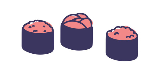 Sushi rolls, gunkan maki wrapped with nori, topped with caviar, tobiko, salmon fish. Japanese food. Gunkanmaki, Japan Asian cuisine. Flat graphic vector illustration isolated on white background