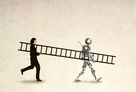 Businesswoman and robot carrying ladder against colored background