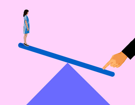 Illustration of woman on seesaw raised by hand against pink background