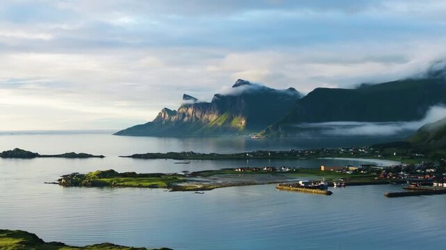 Aerial view of the Ramberg village in the Lofoten islands, sunrise in Norway