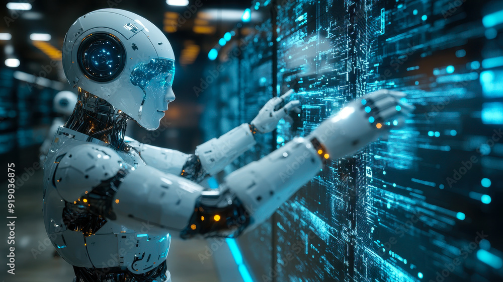 Poster futuristic ai robot interacting with digital interface in high-tech environment at night - concept o