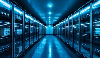The interior of the empty cold refrigerator room is illuminated in the style of blue neon light, with metal shelves and rows of refrigerator boxes on both sides. 