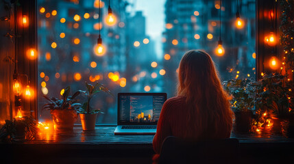 Woman Working on Laptop in Cozy Home Office with Fairy Lights and City View at Dusk, Startups and Innovation Concept
