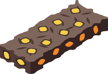 Chocolate bar with nuts and pieces of dried fruits isometric icon for web design isolated on white background