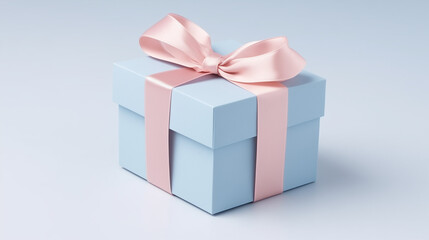 Obraz premium A pastel blue gift box adorned with a pink satin ribbon sits elegantly, perfect for birthdays, holidays, or celebrations