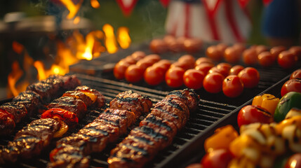 Festive 4th of July BBQ With Grilled Skewers, Tomatoes, and Peppers in Patriotic Setting During Evening Celebration