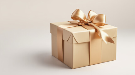 Obraz premium A stylish gift box adorned with a shiny golden ribbon sits elegantly on a soft neutral surface, perfect for special occasions and celebrations, copy space