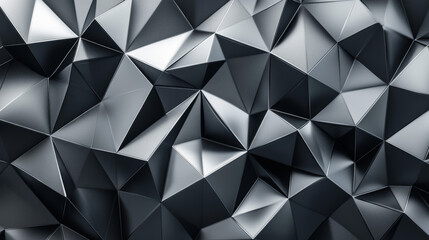 "Black, white, dark gray, and silver abstract pattern background featuring geometric shapes such as lines, triangles, angles, and polygons. The 3D design includes gradient effects, rough grain noise, 