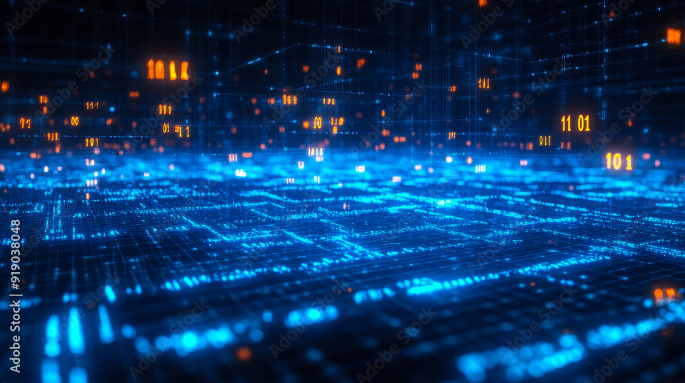 Aufkleber futuristic digital data flow background with blue glowing binary code matrix, high-tech 3d render of