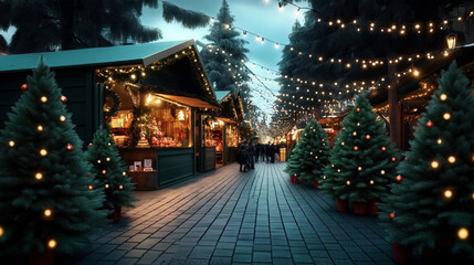 Festive outdoor Christmas market at night with decorated Christmas trees, illuminated stalls, and string lights hanging above.