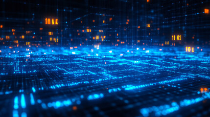 Obraz premium Futuristic Digital Data Flow Background with Blue Glowing Binary Code Matrix, High-Tech 3D Render of Scientific Technology Concept, Cybersecurity and Big Data Visualization