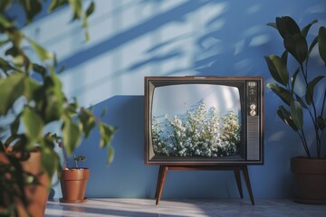 A vintage television set sits beside a potted plant, evoking memories of the past