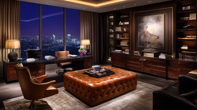 Executive Panoramic City View Office, Adorned with Luxurious Leather Furniture and a Modern Artwork, Exuding Elegance and Sophistication