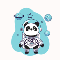 Cute cartoon panda astronaut standing on bright and cheerful blue space background