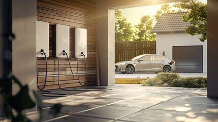 The concept of a home battery packs alternative electric energy storage system at modern home garage walls as backup or sustainable energy concepts. with a car parked outside.