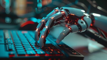 Fototapeta premium A robotic hand types on a keyboard, with red lights illuminating the joints.