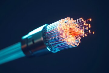 3D render close-up end of a Fiber optic cable on dark blue background, close-up view of fiber optic communication technology concept
