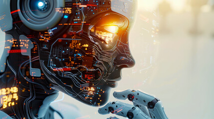 Futuristic AI Robot with Illuminated Circuitry Contemplating Future in High-Tech Setting During Sunrise Innovation Concept