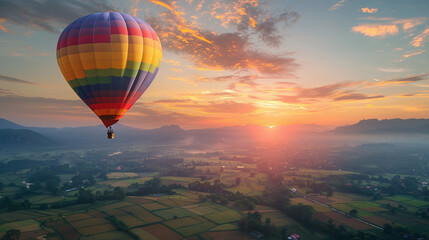 Obraz premium A colorful hot air balloon flying over a green valley and mountains at dawn